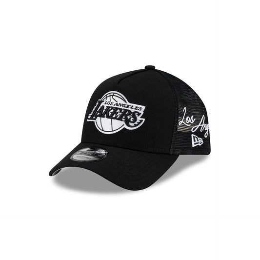 Los Angeles Lakers Side Script Black 9FORTY A-Frame Trucker Hat