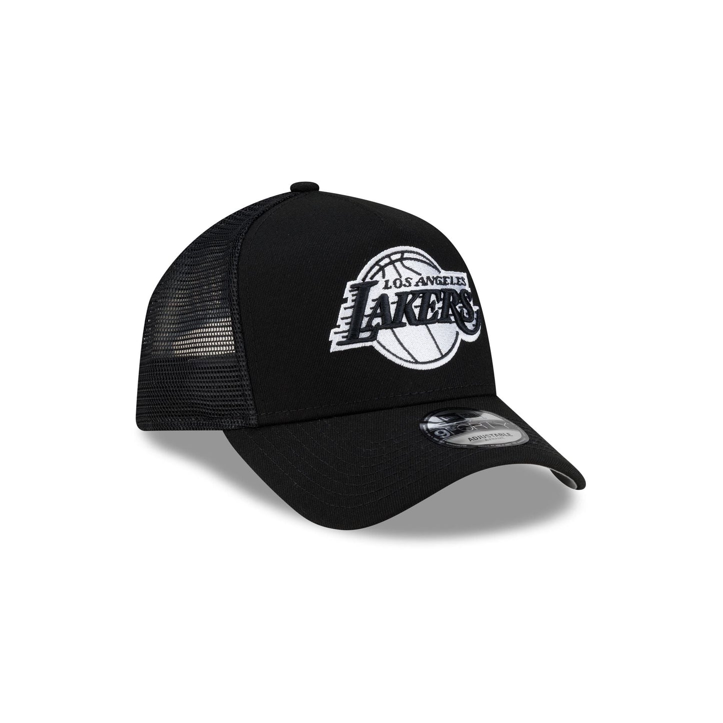 Los Angeles Lakers Side Script Black 9FORTY A-Frame Trucker Hat