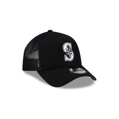 Seattle Mariners Side Script Black 9FORTY A-Frame Trucker Hat