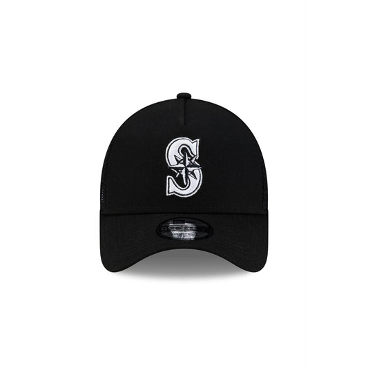 Seattle Mariners Side Script Black 9FORTY A-Frame Trucker Hat