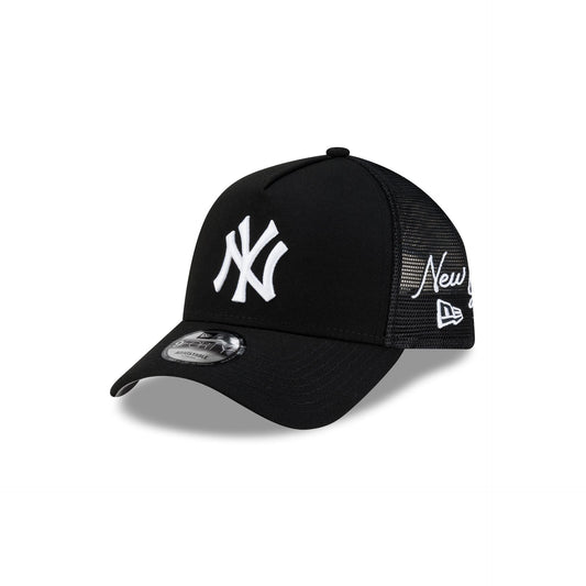 New York Yankees Side Script Black 9FORTY A-Frame Trucker Hat