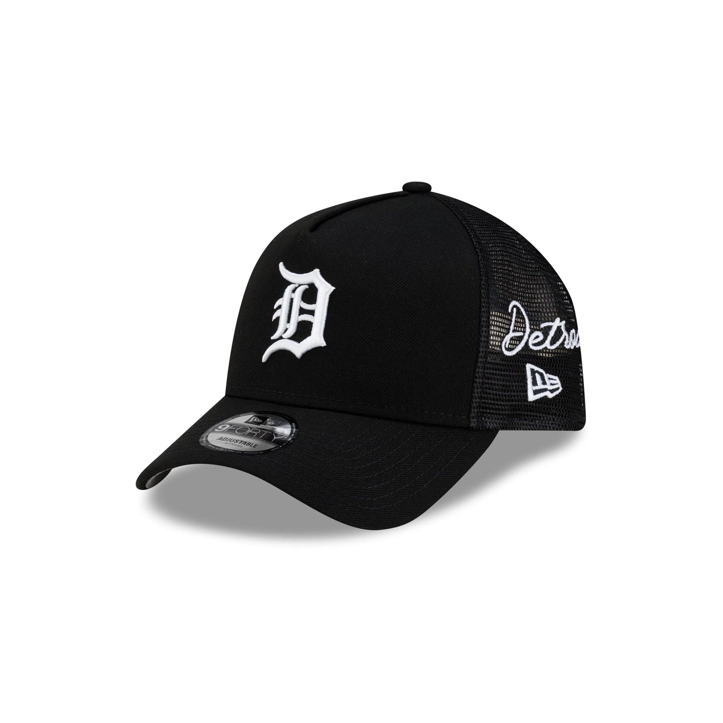 Detroit Tigers Side Script Black 9FORTY A-Frame Trucker Hat