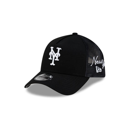 New York Mets Side Script Black 9FORTY A-Frame Trucker Hat