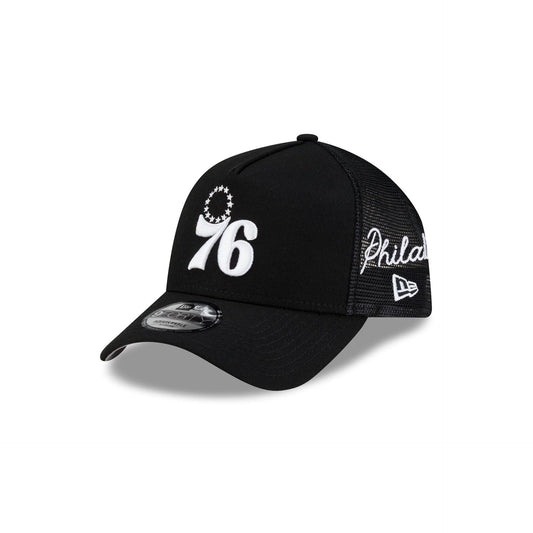 Philadelphia 76ers Side Script Black 9FORTY A-Frame Trucker Hat