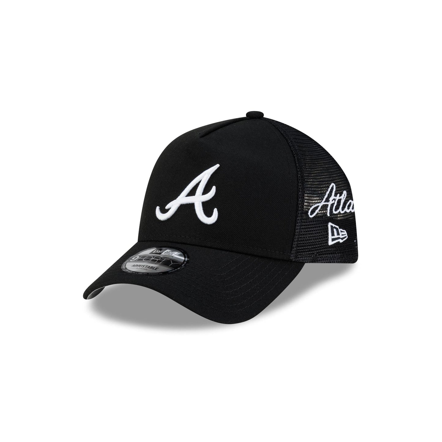 Atlanta Braves Side Script Black 9FORTY A-Frame Trucker Hat