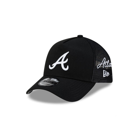 Atlanta Braves Side Script Black 9FORTY A-Frame Trucker Hat